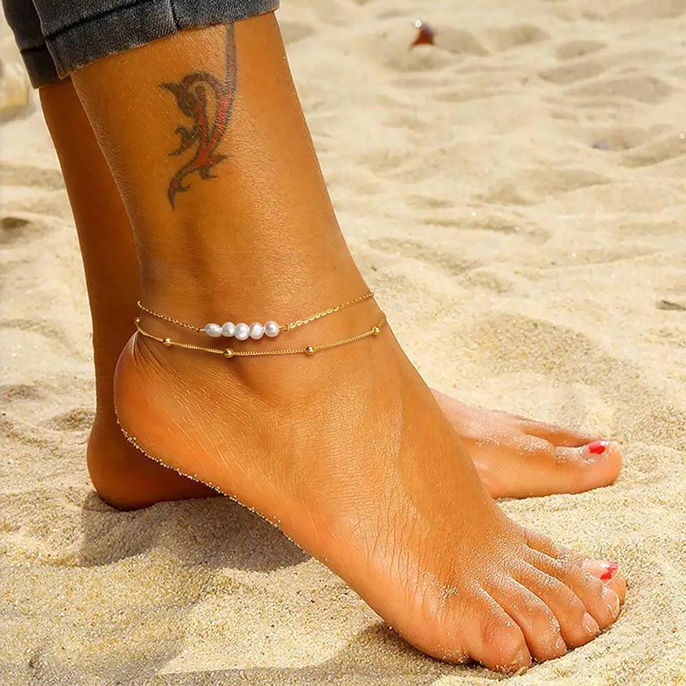 Bratara dubla de picior din Argint Pearls and Beads