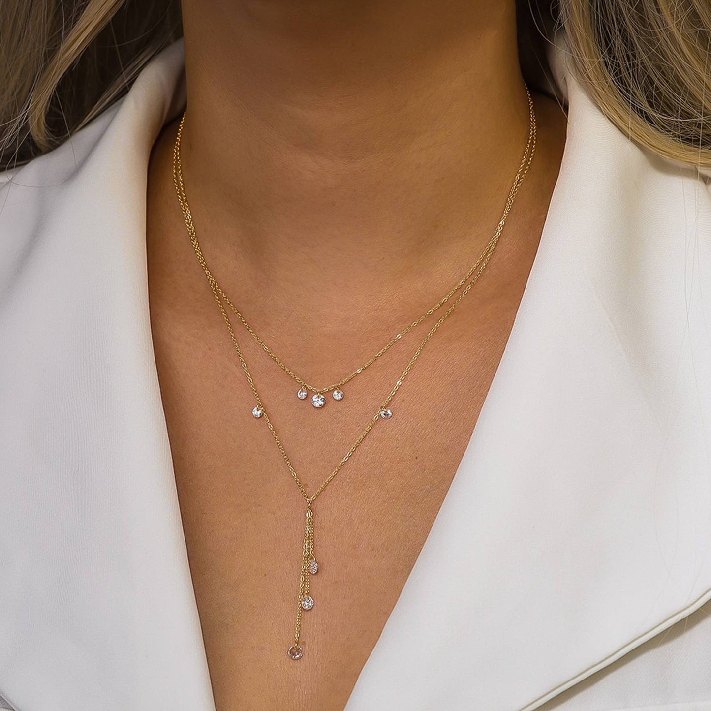 Colier dublu din argint placat cu aur elegant cu cristale zirconiu cesini femei