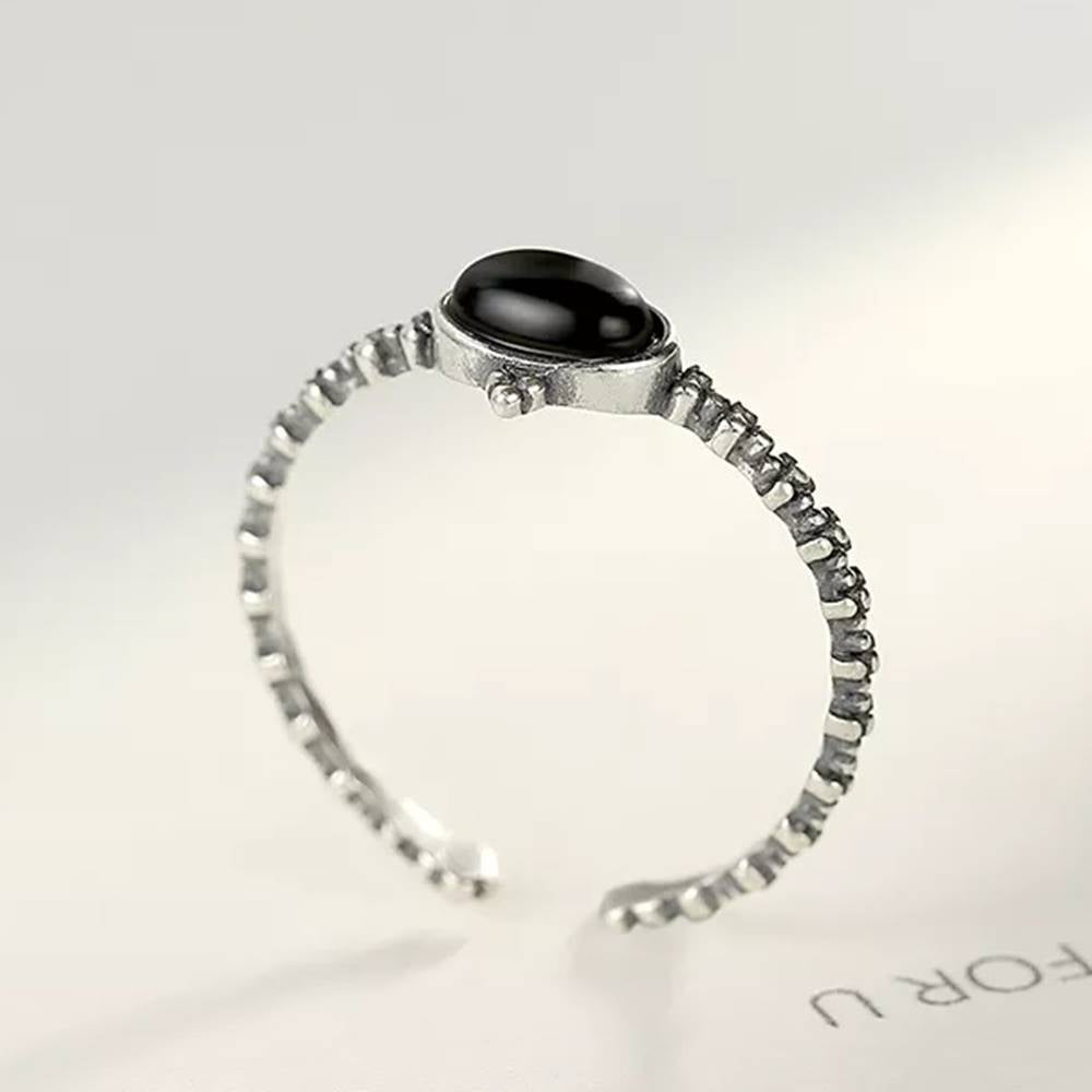 Inel reglabil din Argint Oval Black Stone