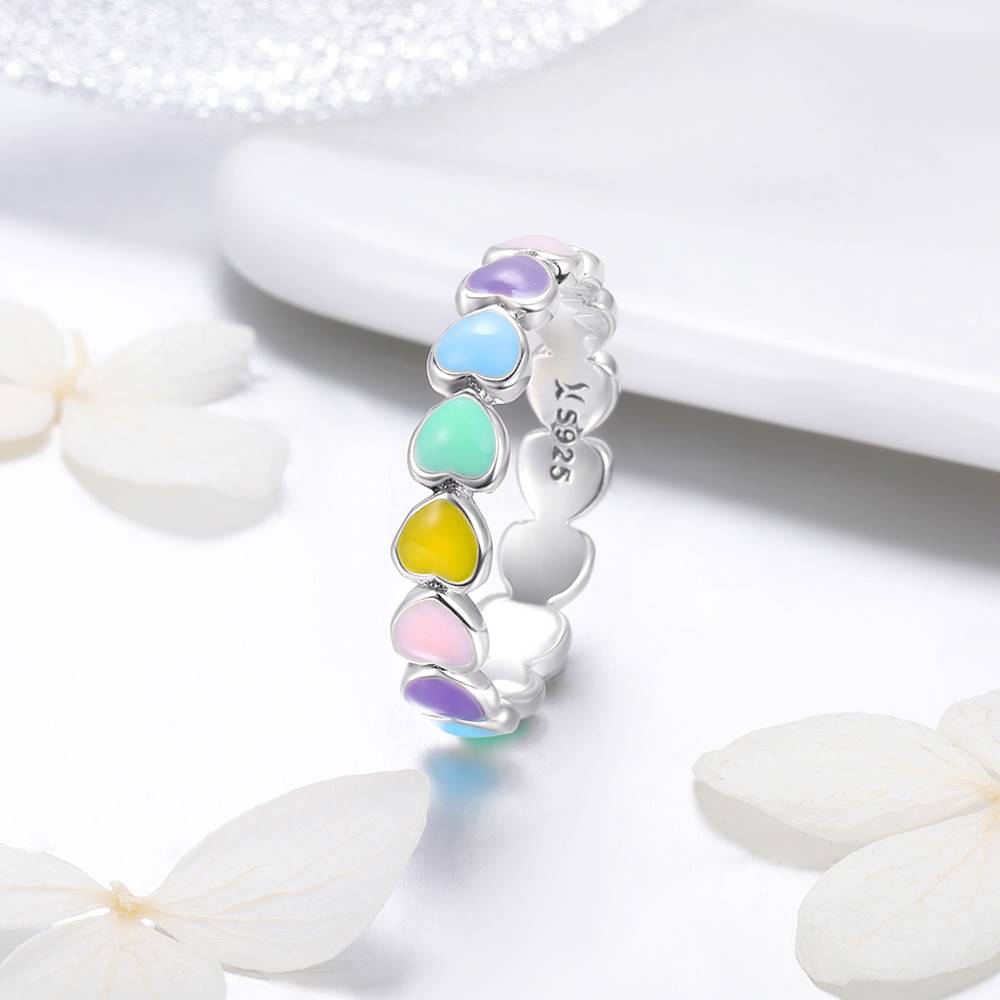 Inel din Argint Pastel Rainbow Hearts