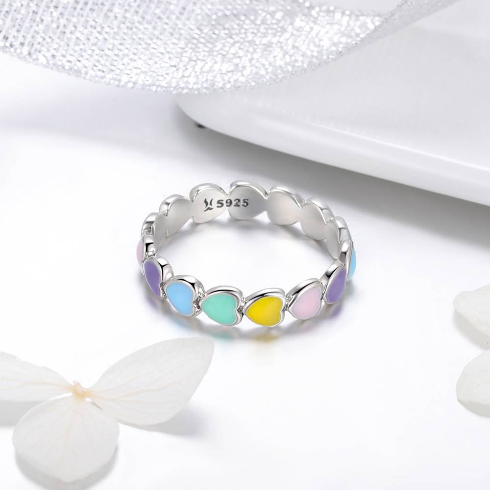 Inel din Argint Pastel Rainbow Hearts