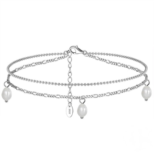 Bratara dubla de picior din Argint Double Chain Pearls