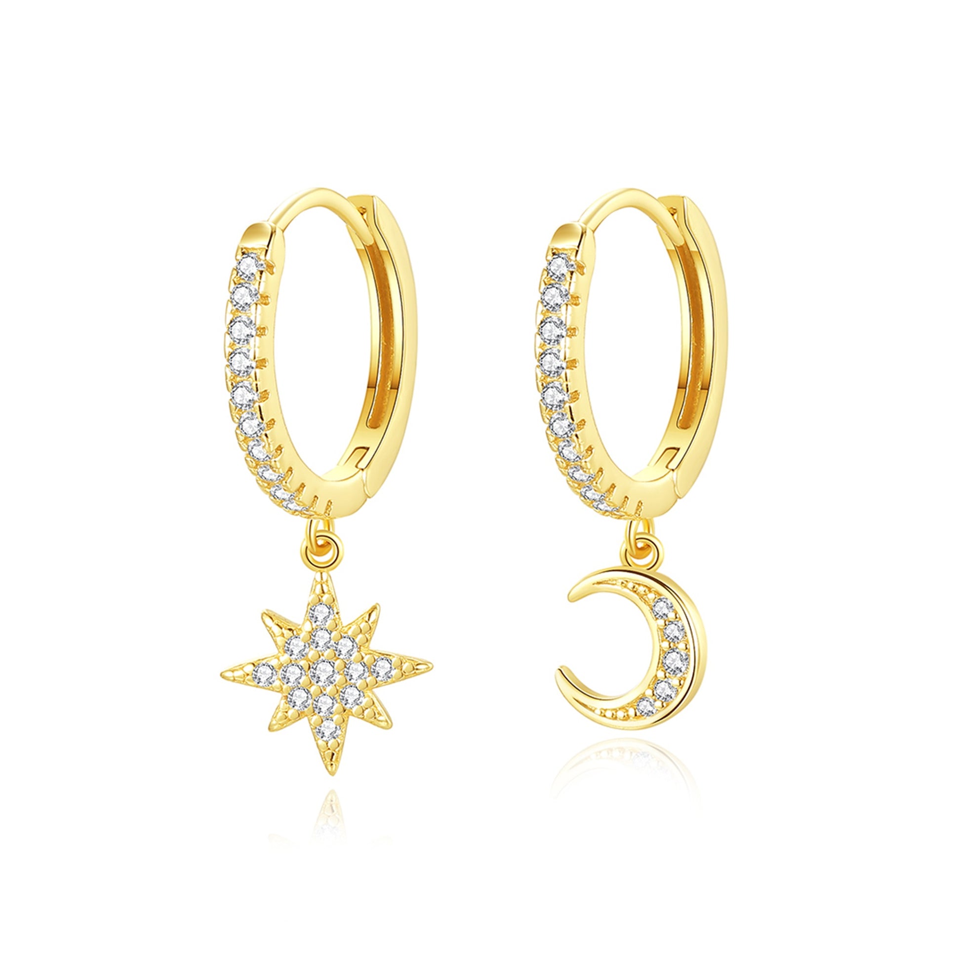 Cercei din argint asimetrici soarele si luna placati cu aur cu cristale zirconiu cesini