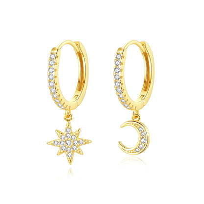 Cercei din argint asimetrici soarele si luna placati cu aur cu cristale zirconiu cesini