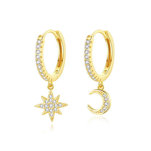 Cercei din argint asimetrici soarele si luna placati cu aur cu cristale zirconiu cesini