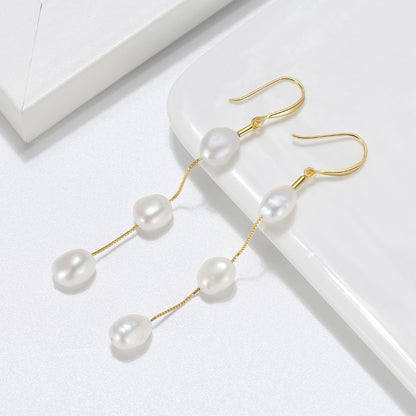Cercei din argint eleganti lungi cu perle naturale placati cu aur cesini cadou