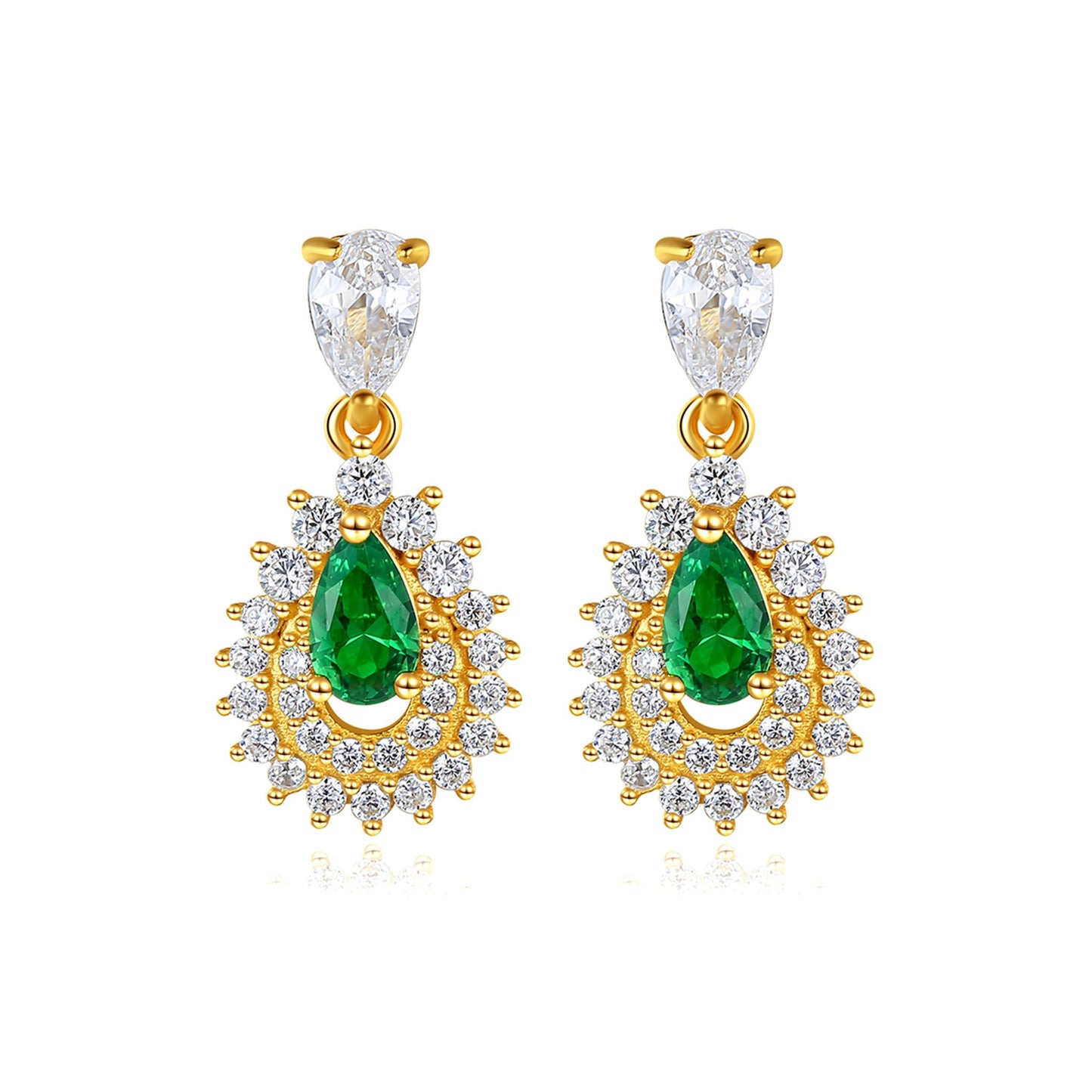 Cercei din argint eleganti lungi placati cu aur cu smarald verde si cristale zirconiu cesini