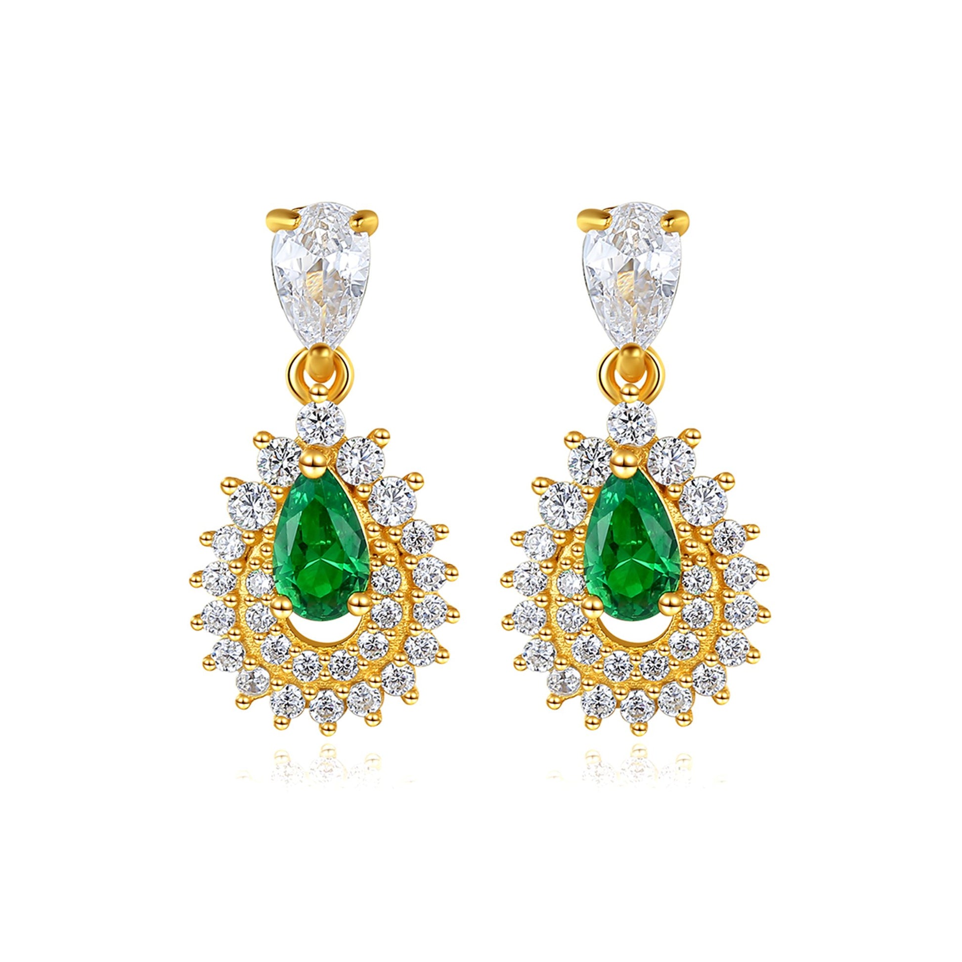 Cercei din argint eleganti lungi placati cu aur cu smarald verde si cristale zirconiu cesini