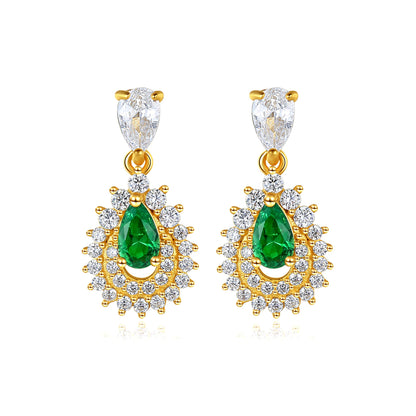 Cercei din argint eleganti lungi placati cu aur cu smarald verde si cristale zirconiu cesini