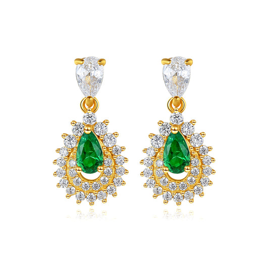Cercei din argint eleganti lungi placati cu aur cu smarald verde si cristale zirconiu cesini