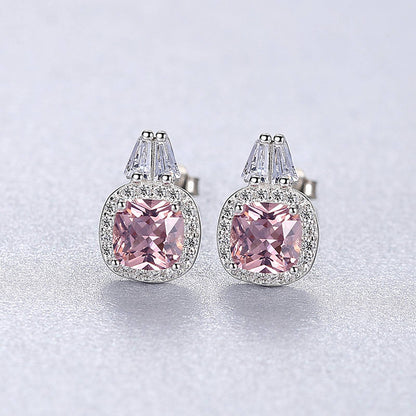 Set din argint elegant patrat colier si cercei cu morganit si cristale zirconiu cesini cercei cadou