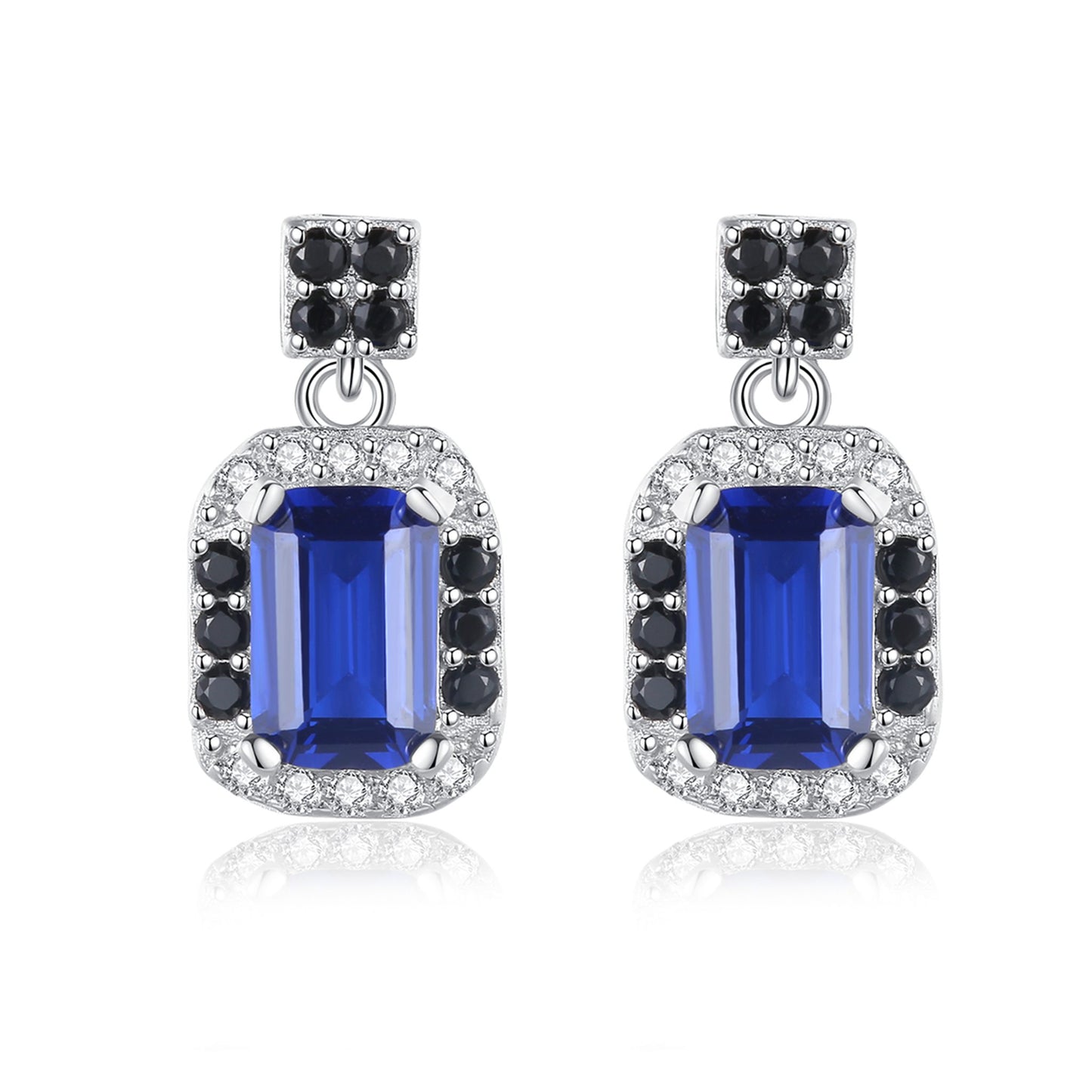 Cercei din argint lungi eleganti rectangulari cu safir albastru si cristale zirconiu cesini