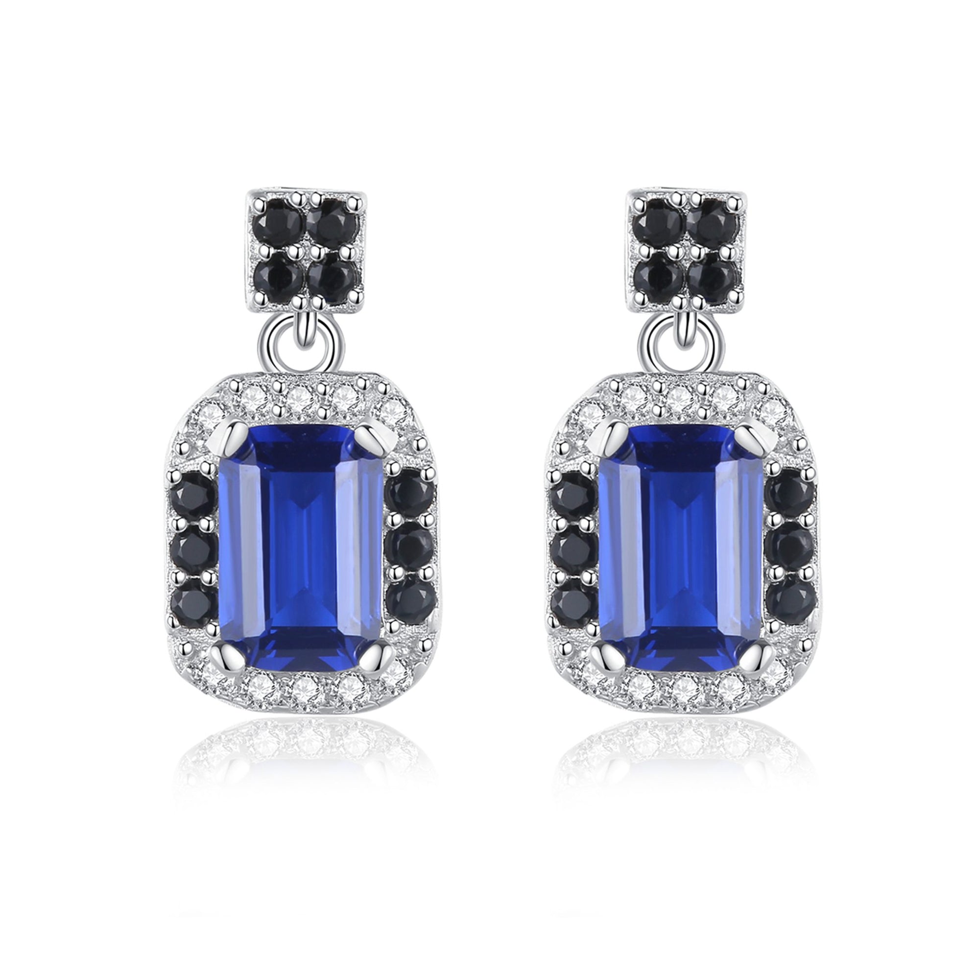 Cercei din argint lungi eleganti rectangulari cu safir albastru si cristale zirconiu cesini