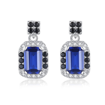 Cercei din argint lungi eleganti rectangulari cu safir albastru si cristale zirconiu cesini