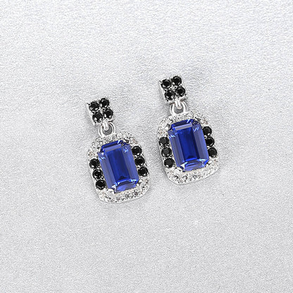 Cercei din argint lungi eleganti rectangulari cu safir albastru si cristale zirconiu cesini femei