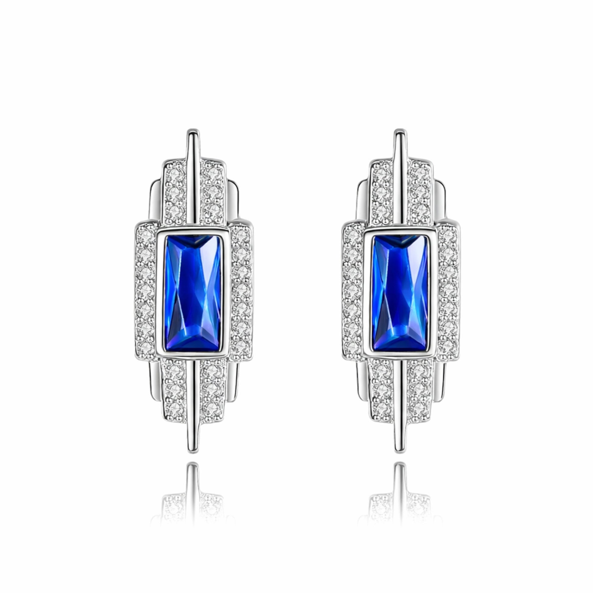 Cercei din argint eleganti rectangulari cu safir albastru si cristale zirconiu cesini