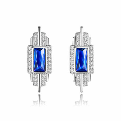 Cercei din argint eleganti rectangulari cu safir albastru si cristale zirconiu cesini