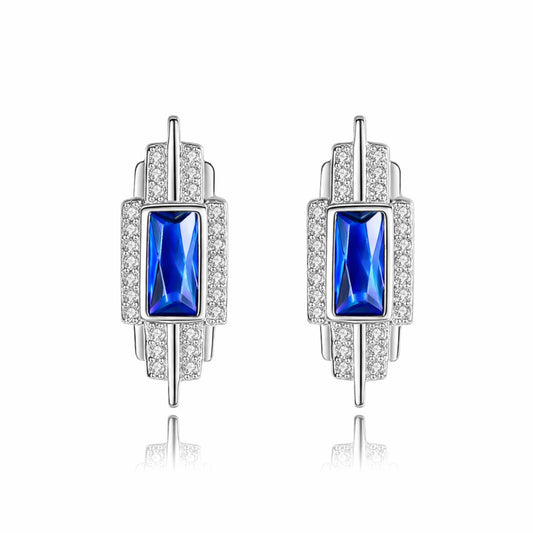 Cercei din argint eleganti rectangulari cu safir albastru si cristale zirconiu cesini