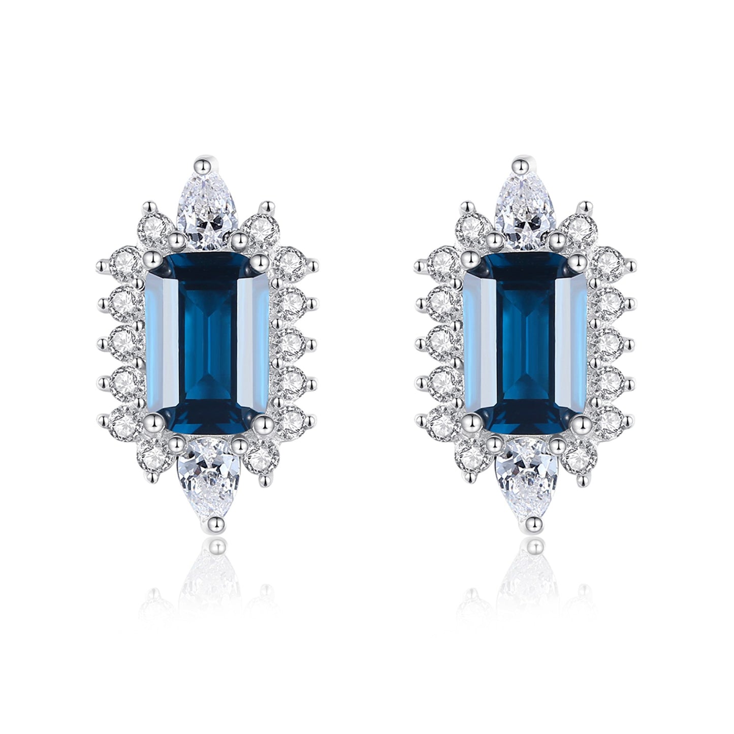 Cercei din argint eleganti rectangulari cu safir albastru si cristale zirconiu cesini