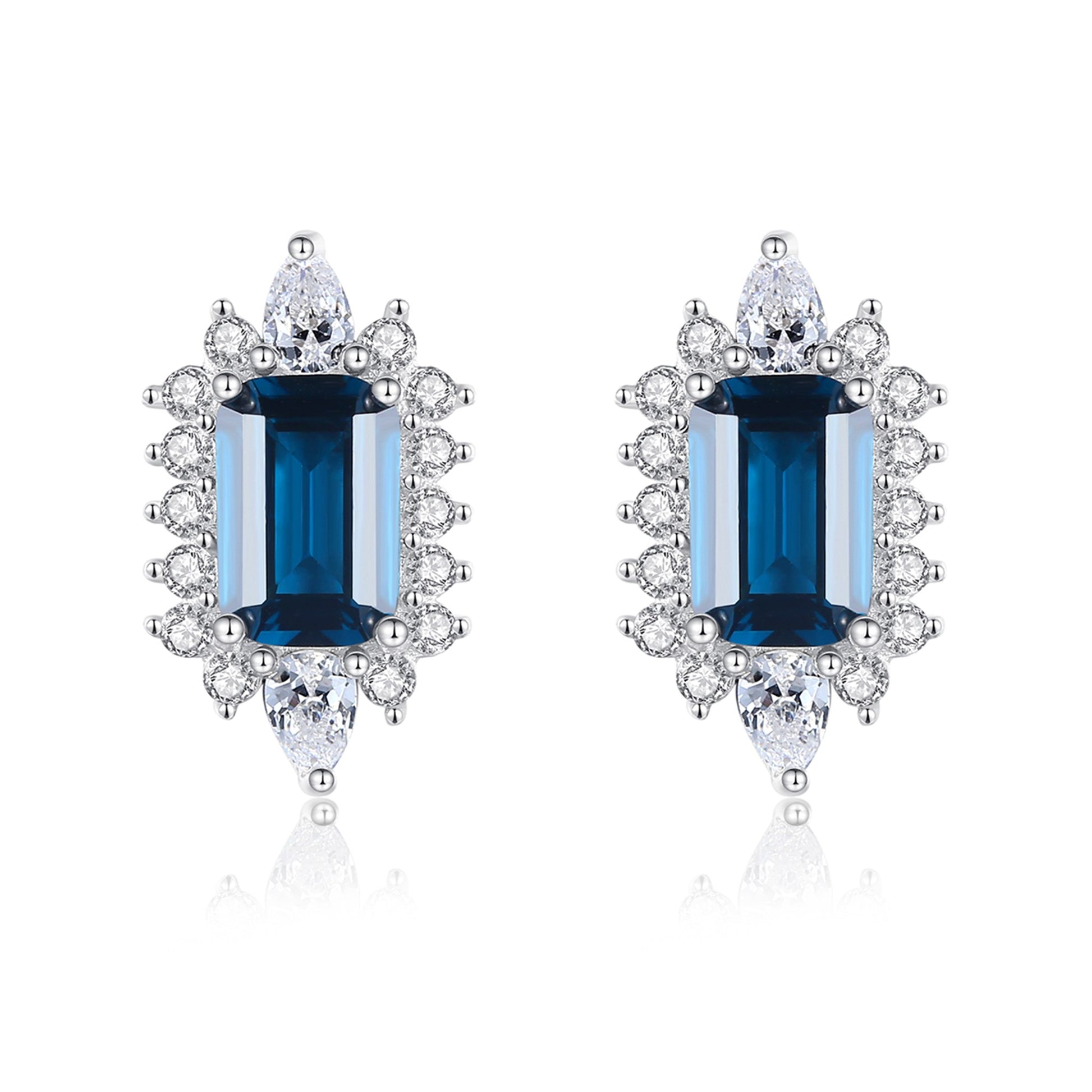 Cercei din argint eleganti rectangulari cu safir albastru si cristale zirconiu cesini