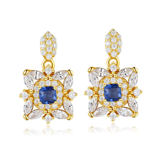 Cercei din argint eleganti lungi patrati placati cu aur cu safir albastru si cristale zirconiu cesini