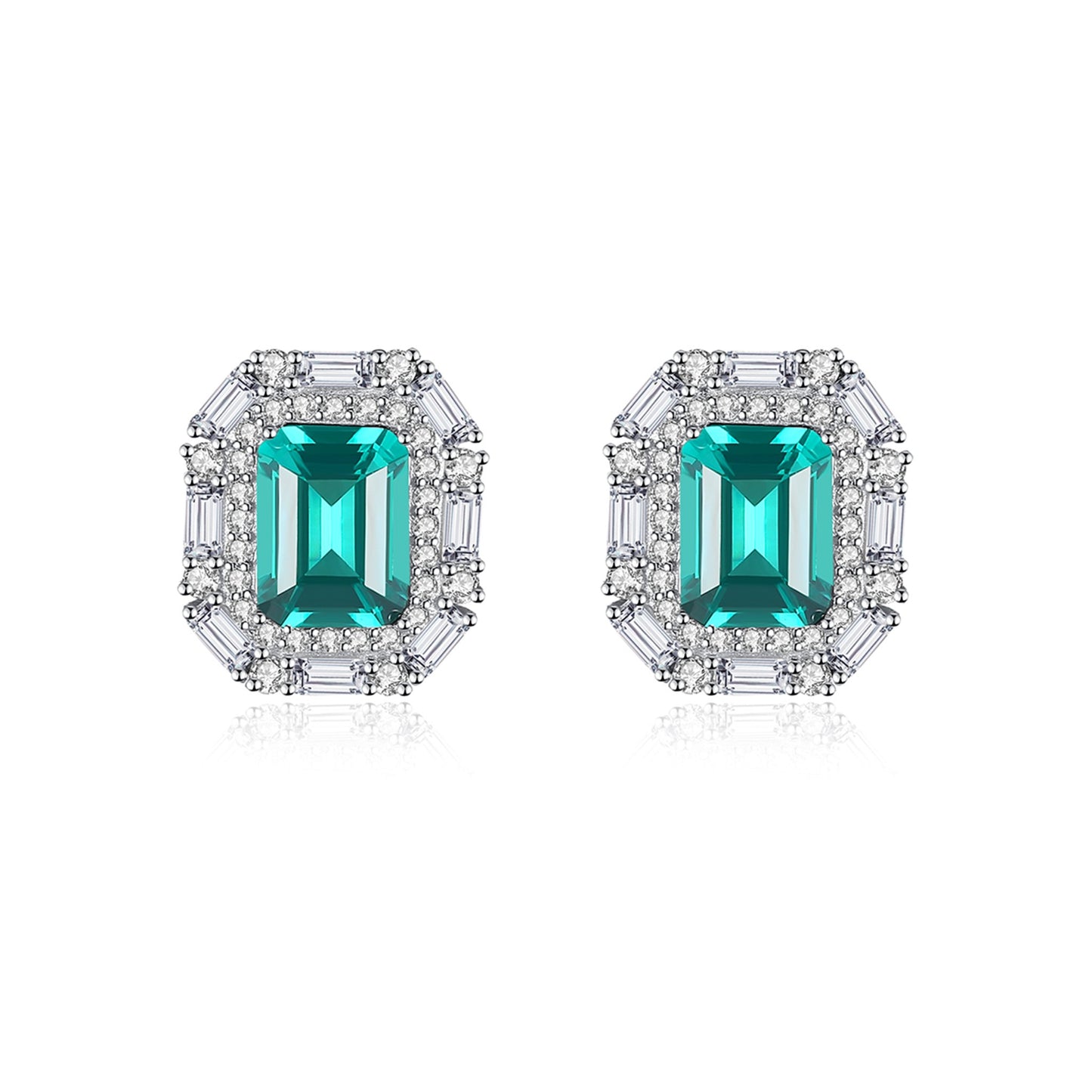 Cercei din argint eleganti rectangulari cu smarald verde si cristale zirconiu cesini