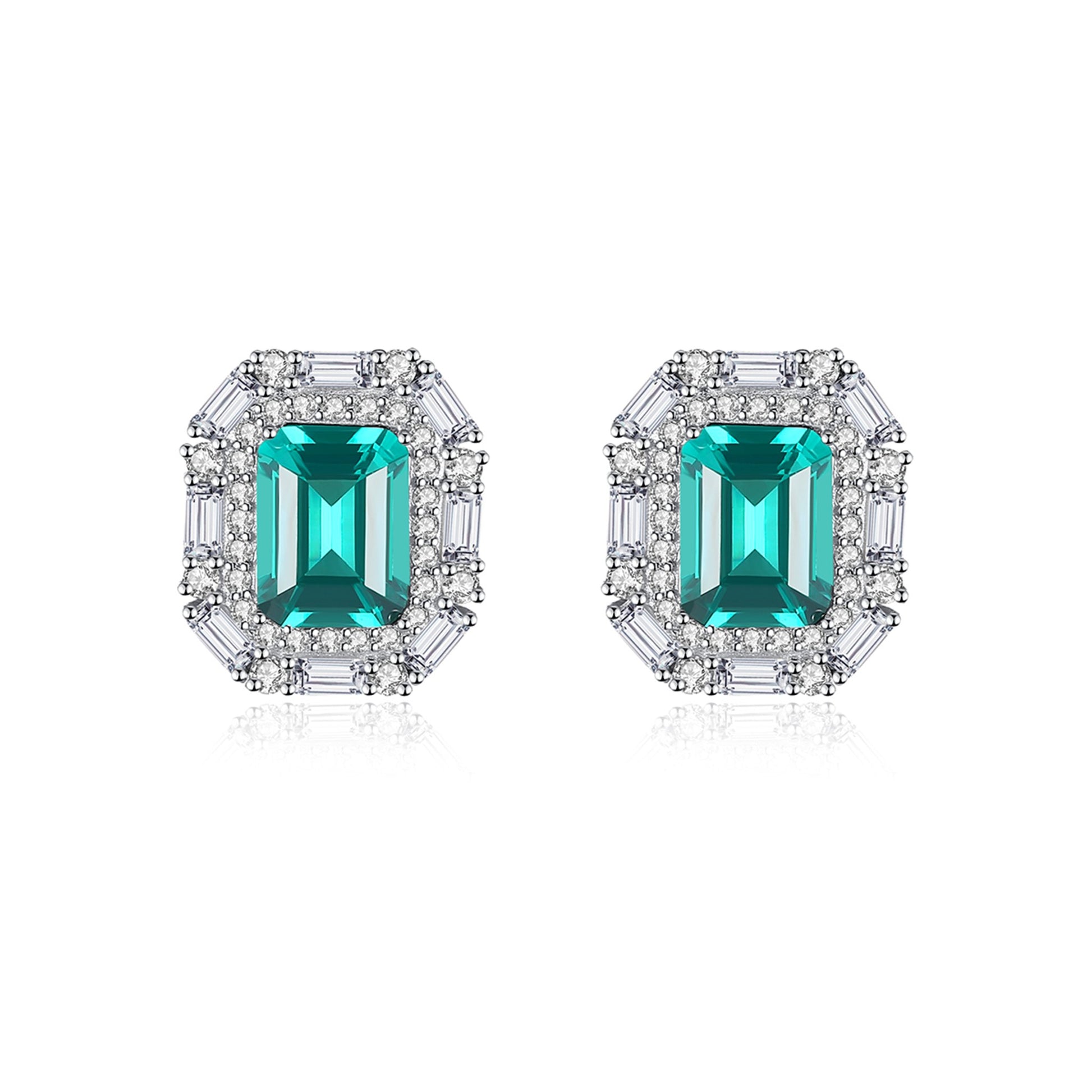 Cercei din argint eleganti rectangulari cu smarald verde si cristale zirconiu cesini