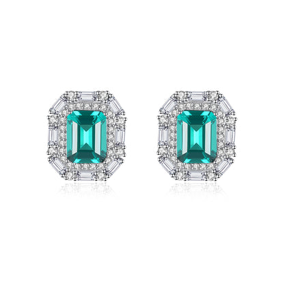 Cercei din argint eleganti rectangulari cu smarald verde si cristale zirconiu cesini