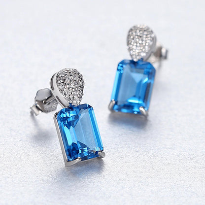 Set din argint rectangular colier si cercei cu topaz albastru si zirconiu cesini cadou