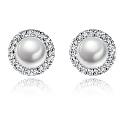 Cercei din argint eleganti rotunzi cu perle naturale si cristale zirconiu cesini