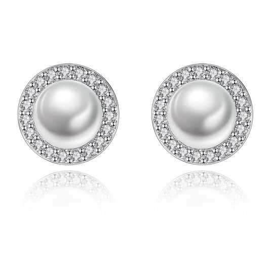 Cercei din argint eleganti rotunzi cu perle naturale si cristale zirconiu cesini