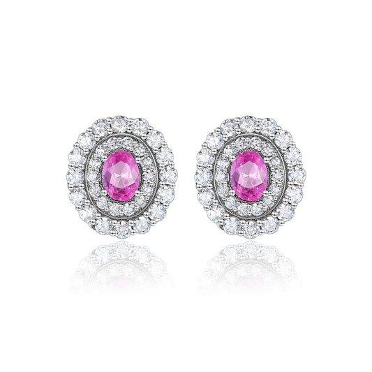 Cercei din argint eleganti rotunzi cu safir roz si cristale zirconiu cesini