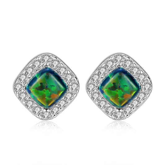 Cercei din argint geometric cu opal si cristale zirconiu cesini