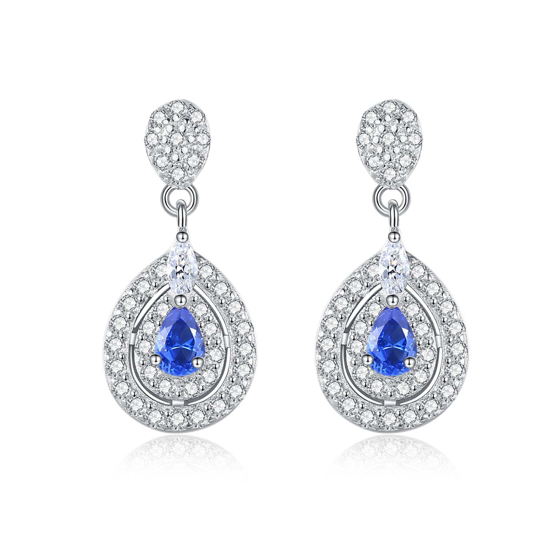 Cercei din argint lungi eleganti lacrima cu safir albastru si cristale zirconiu cesini