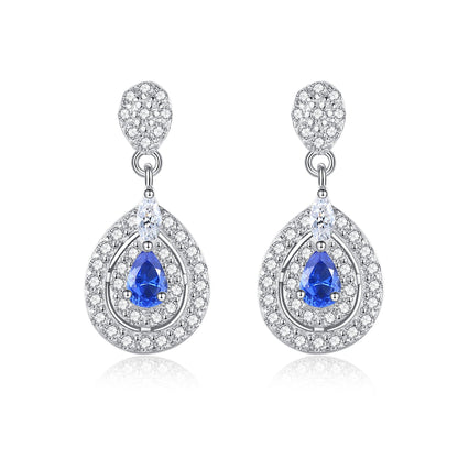 Cercei din argint lungi eleganti lacrima cu safir albastru si cristale zirconiu cesini