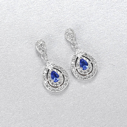 Cercei din argint lungi eleganti lacrima cu safir albastru si cristale zirconiu cesini cadou
