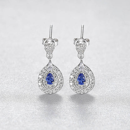Cercei din argint lungi eleganti lacrima cu safir albastru si cristale zirconiu cesini femei