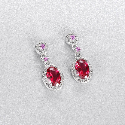 Set din argint elegant oval colier si cercei cu rubin rosu si cristale zirconiu cesini cercei cadou