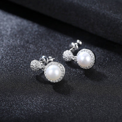 Cercei din argint lungi eleganti rotunzi cu perle naturale si cristale zirconiu cesini femei