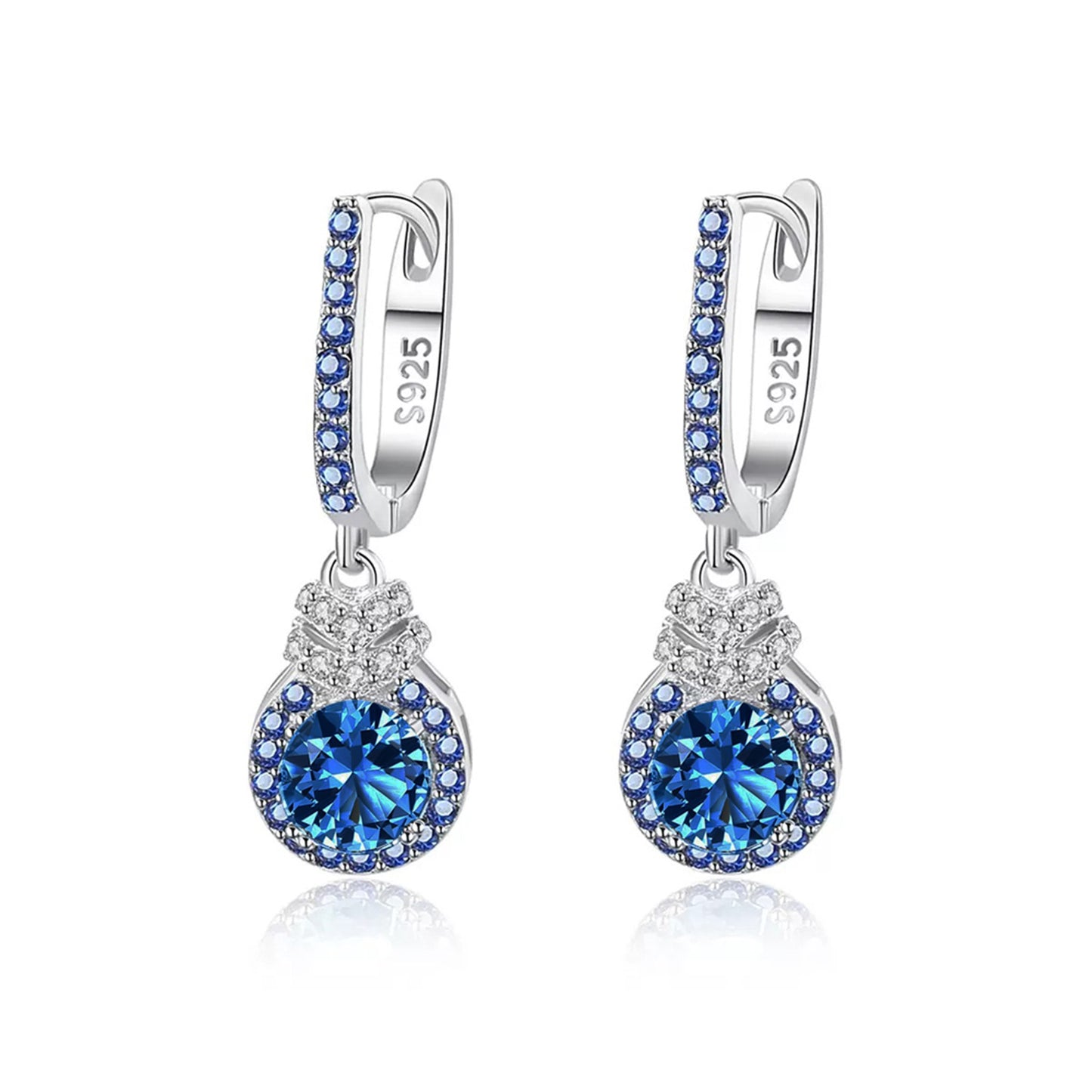 Cercei din argint lungi eleganti cu safir albastru si zirconiu cesini