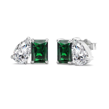Cercei din argint rectangulari lacrima cu smarald verde si zirconiu cesini