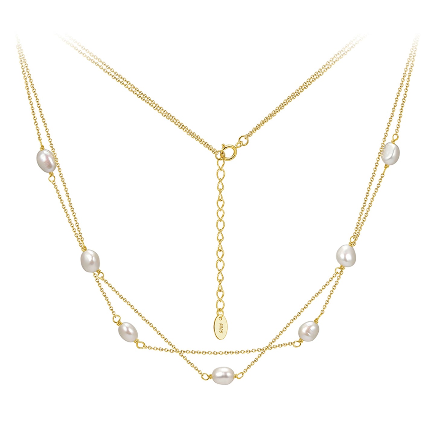 Colier dublu din argint placat cu aur elegant cu perle naturale cesini