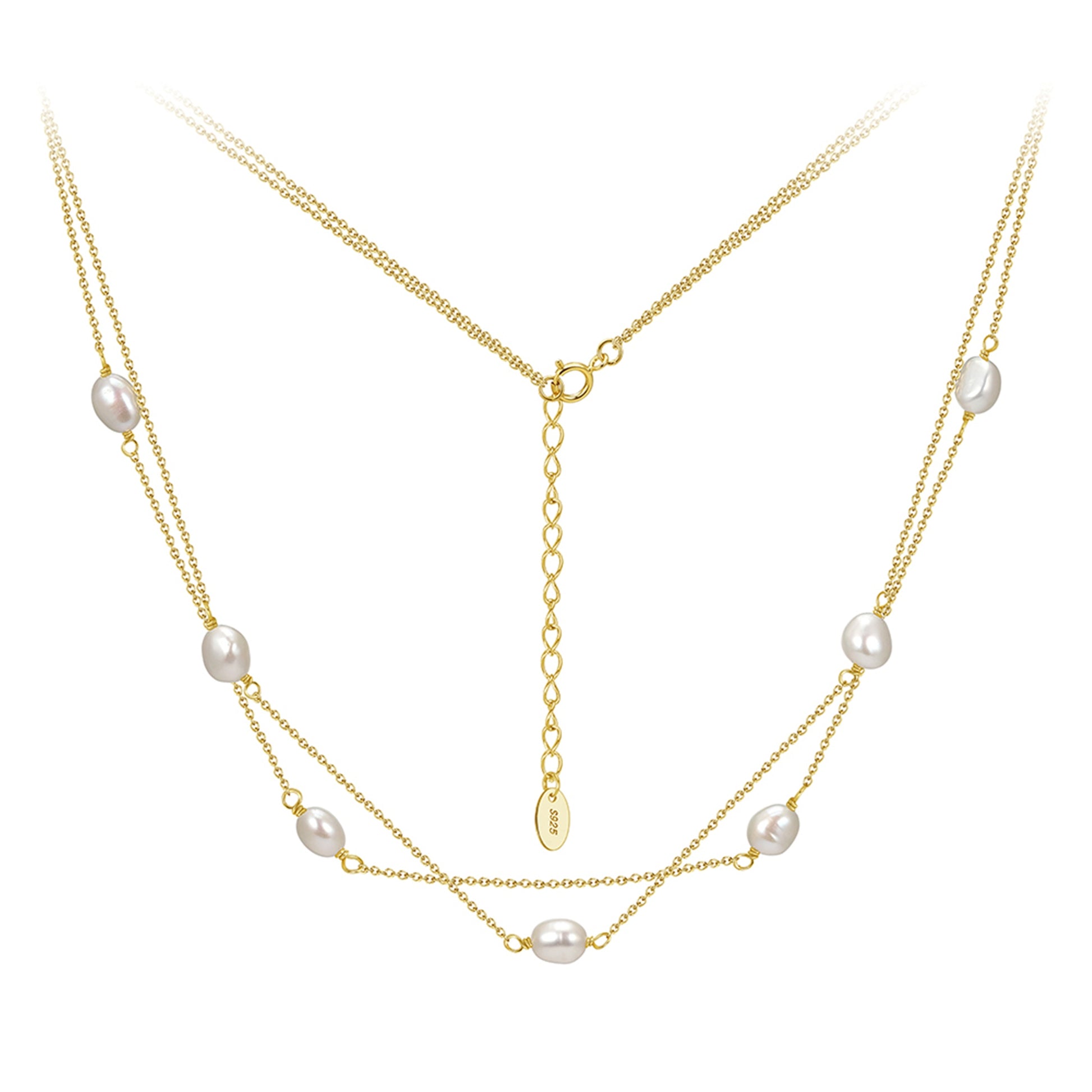 Colier dublu din argint placat cu aur elegant cu perle naturale cesini