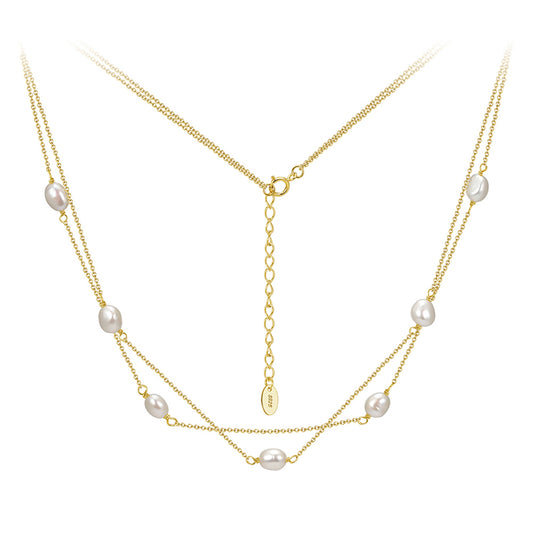 Colier dublu din argint placat cu aur elegant cu perle naturale cesini