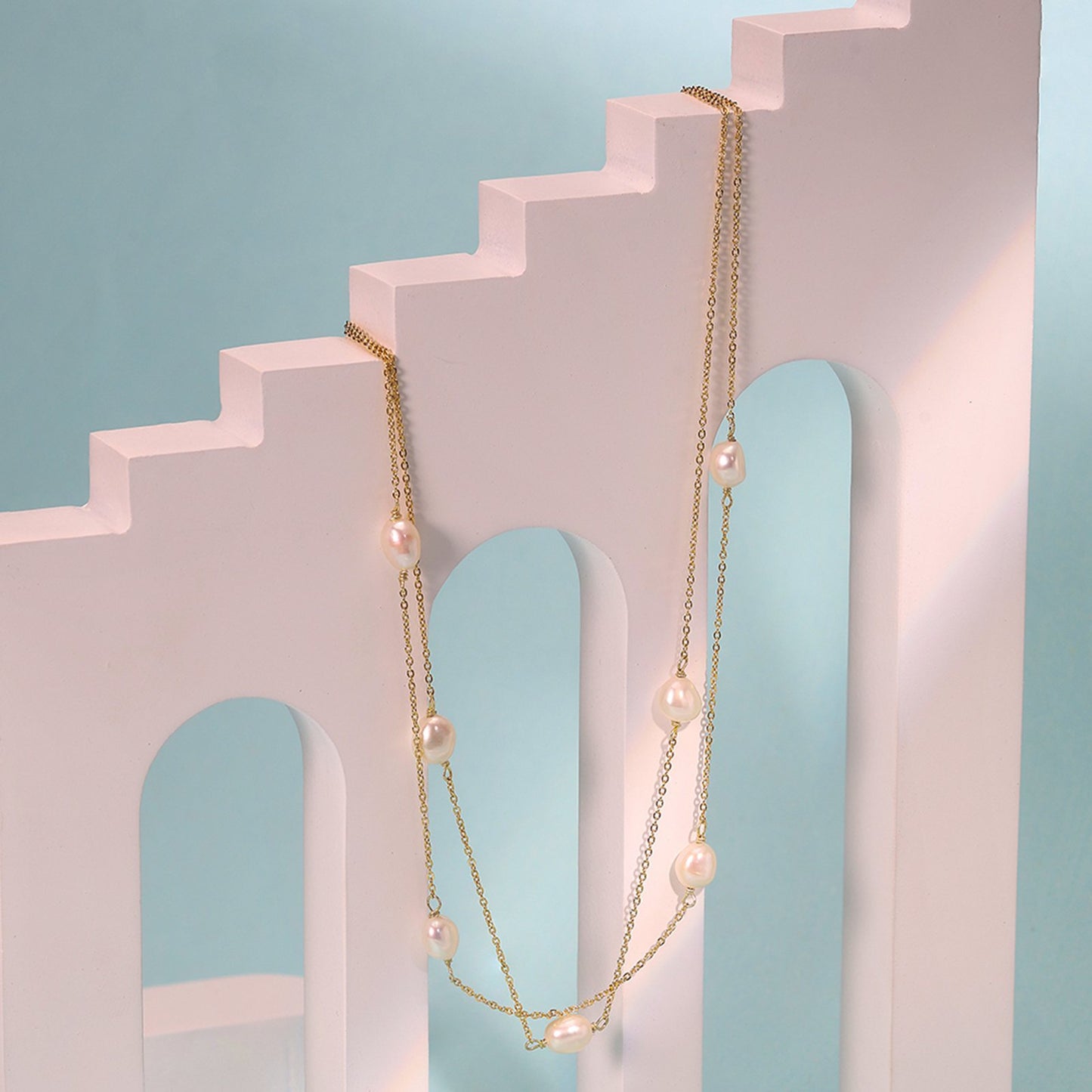 Colier dublu din argint placat cu aur elegant cu perle naturale cesini cadou