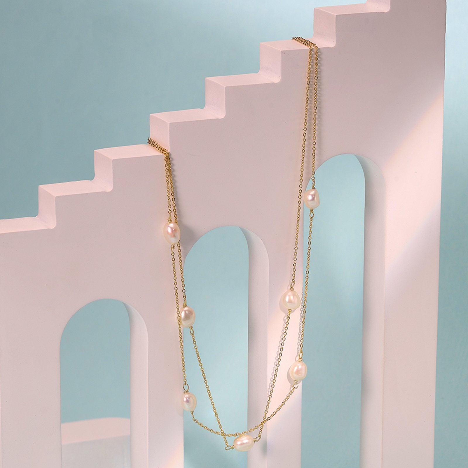 Colier dublu din argint placat cu aur elegant cu perle naturale cesini cadou