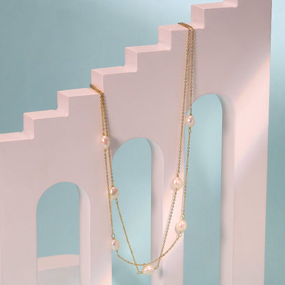 Colier dublu din argint placat cu aur elegant cu perle naturale cesini cadou