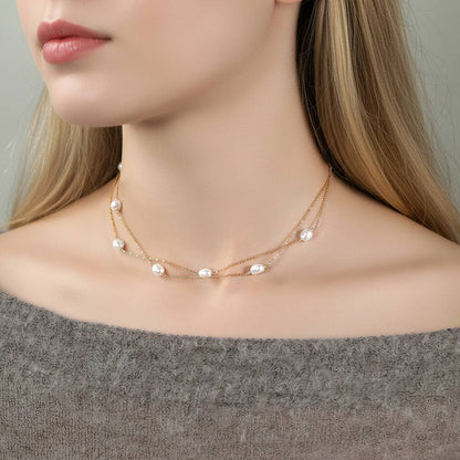 Colier dublu din argint placat cu aur elegant cu perle naturale cesini femei