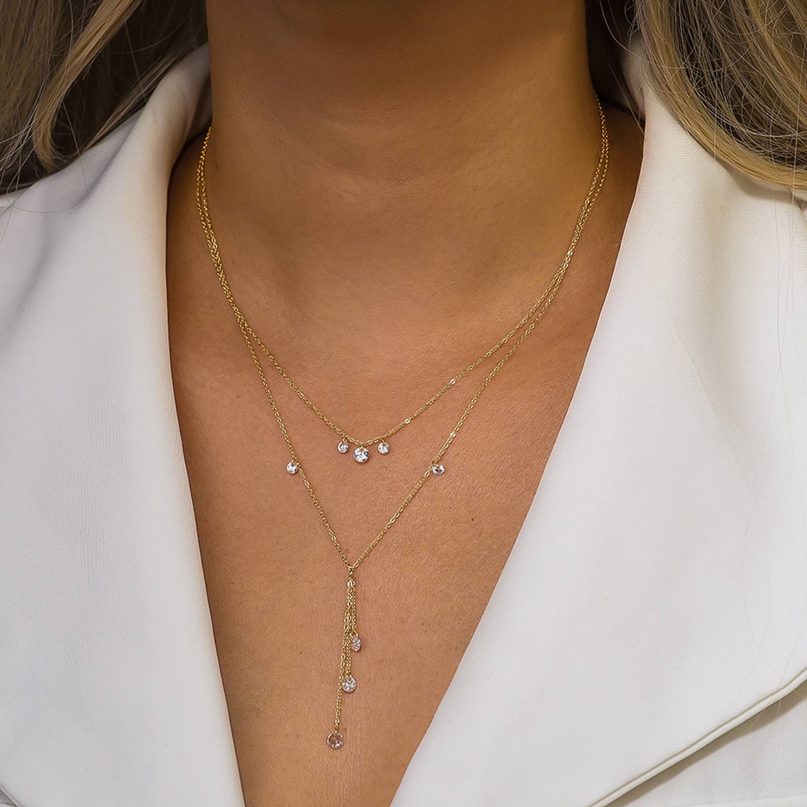 Colier dublu din argint placat cu aur elegant cu cristale zirconiu cesini femei