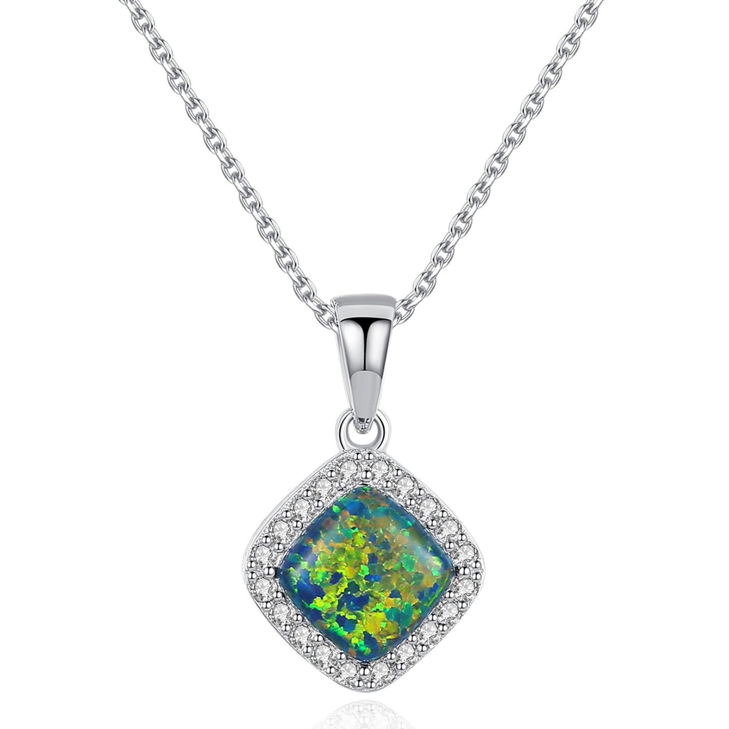 Colier din argint elegant patrat geometric cu opal mistic si cristale zirconiu cesini